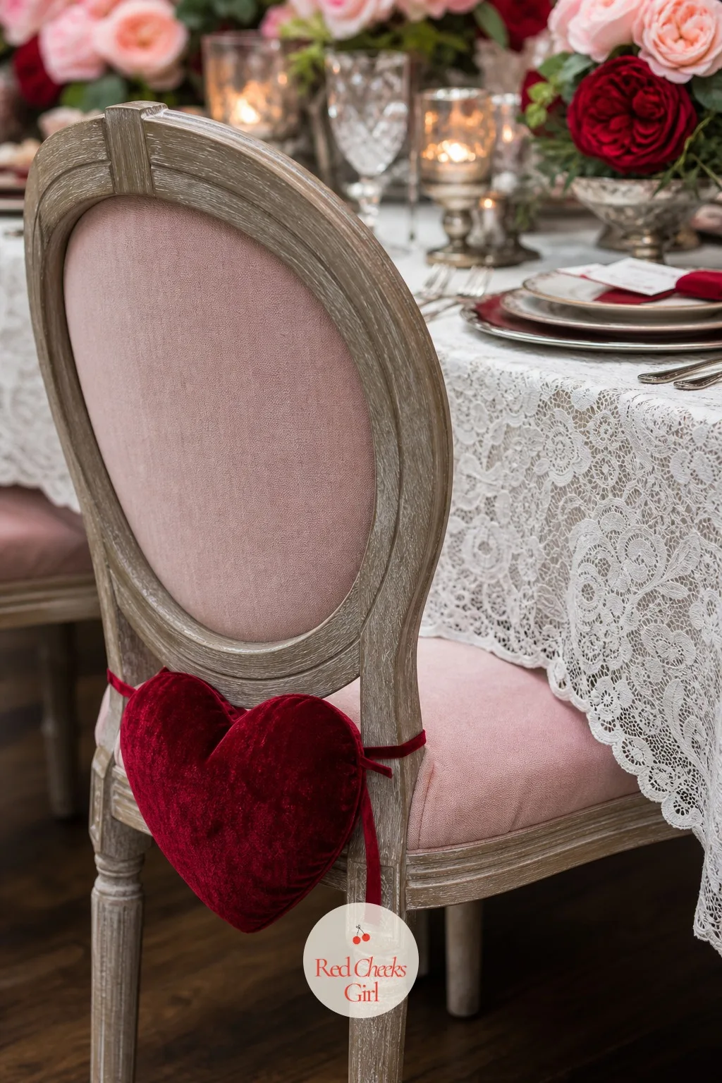 A Small Heart-Shaped Cushion Tied to Each Chair Seat — A heart-shaped cushion, tied by its own ribbon ties to the seat of a dining chair, softens a hard wooden
