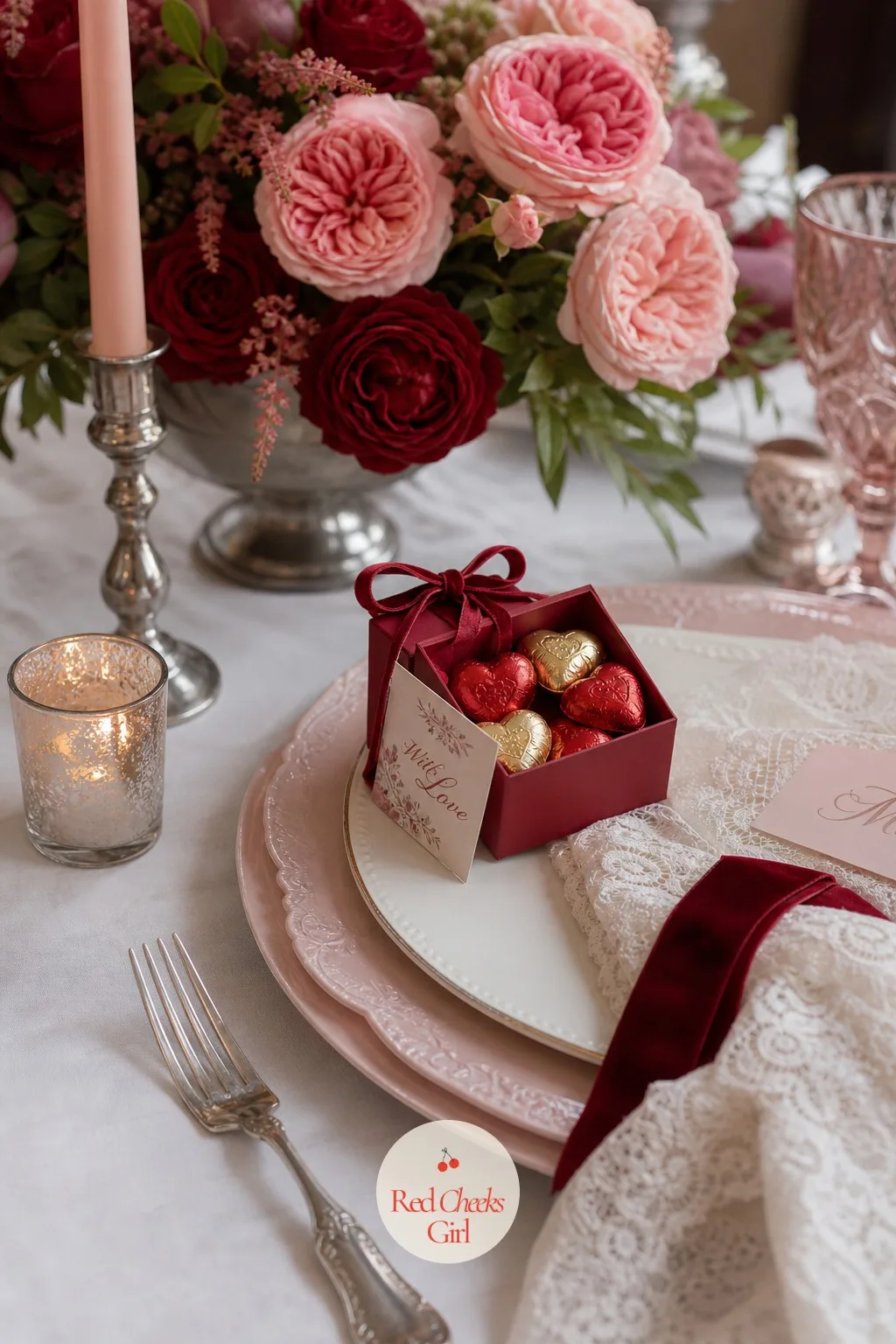 A Tiny Box of Chocolate Hearts as a Take-Home Favor — A small ribbon-tied box at each place, holding a handful of foil-wrapped chocolate hearts, gives guests
