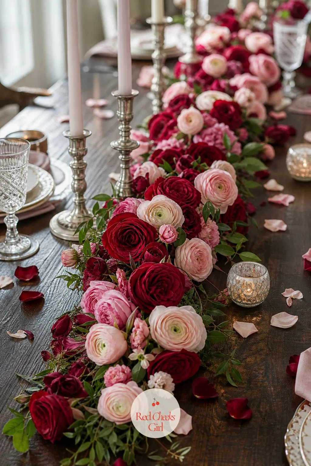 A Trailing Rose and Ranunculus Garland — Nothing announces a party table faster than a line of flowers running its full length, and this is the one entry worth