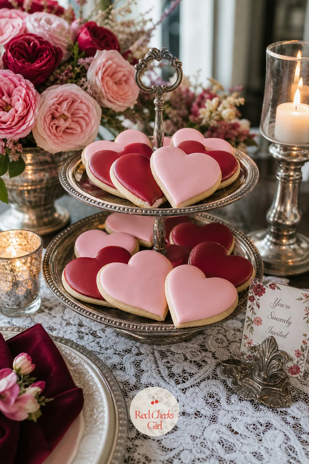 A Two-Tier Stand of Heart-Shaped Sugar Cookies — Food doubles as decor when it is stacked with a little height, and a tiered stand of iced heart cookies does