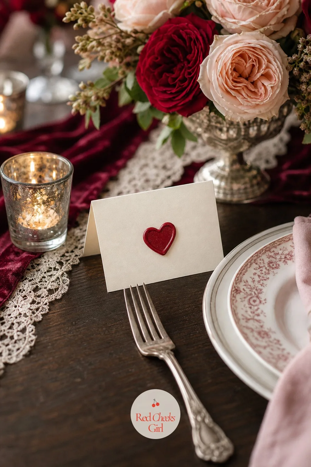 A Wax Seal Place Card at Each Setting — A small tented cardstock place card, closed with a dab of red sealing wax pressed with a heart stamp, turns a plain