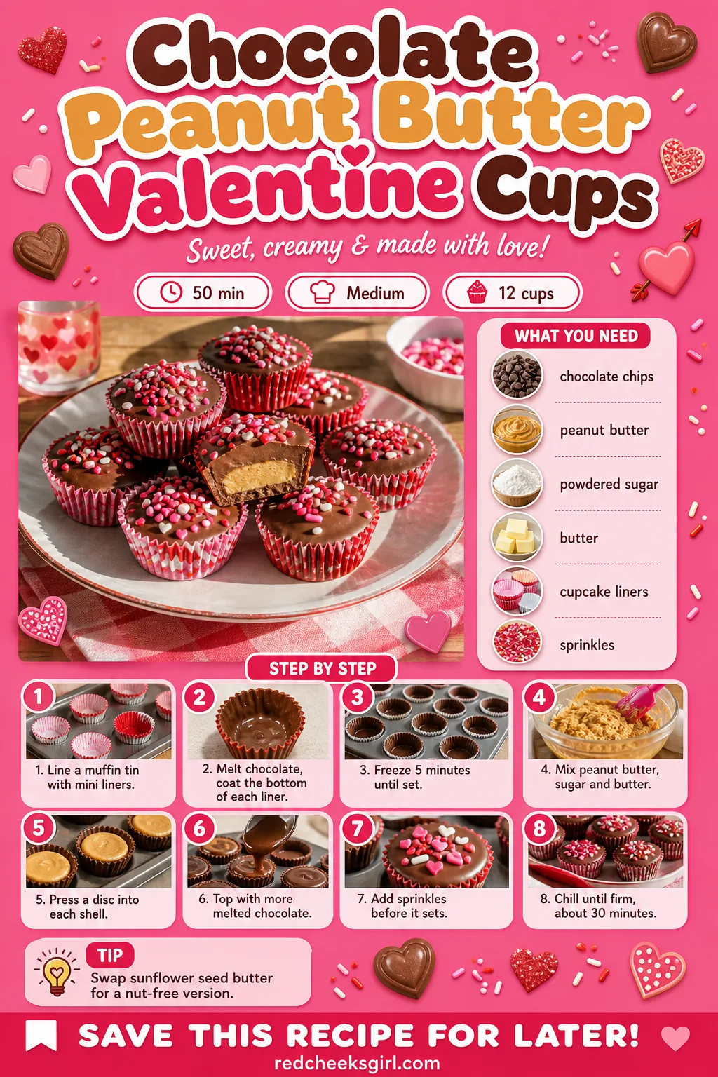 Chocolate Peanut Butter Valentine Cups Recipe Card printable sheet. Valentine treats