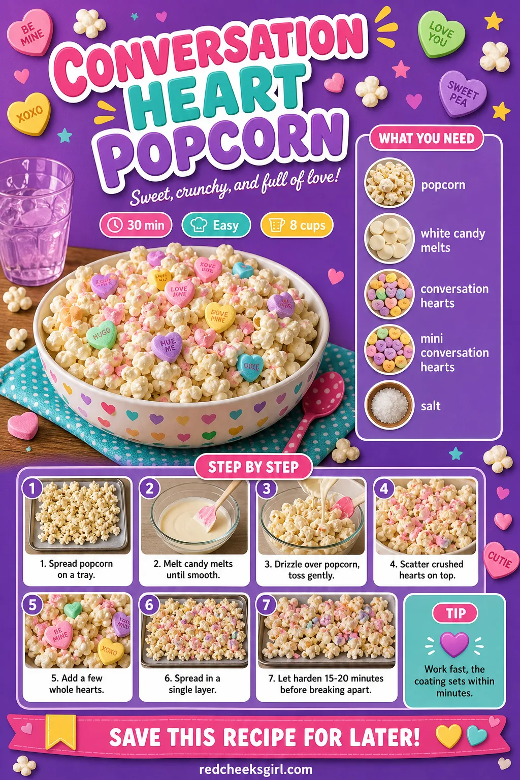 Conversation Heart Popcorn Recipe Card printable sheet. Valentine treats