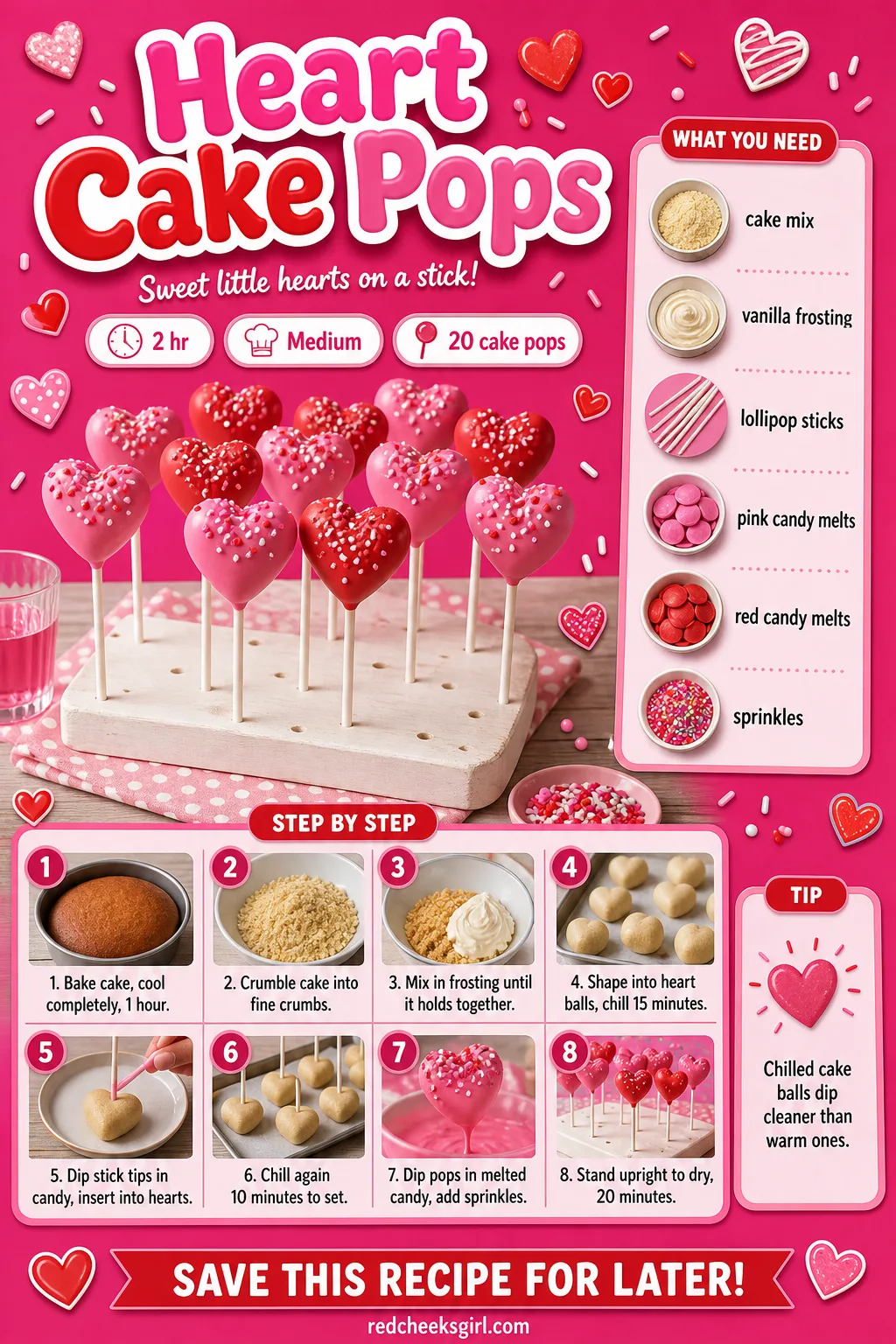 Heart Cake Pops Recipe Card printable sheet. Valentine treats