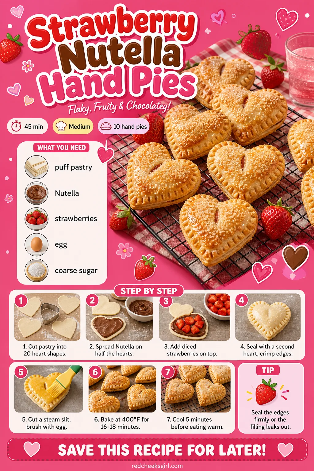 Strawberry Nutella Hand Pies Recipe Card printable sheet. Valentine treats