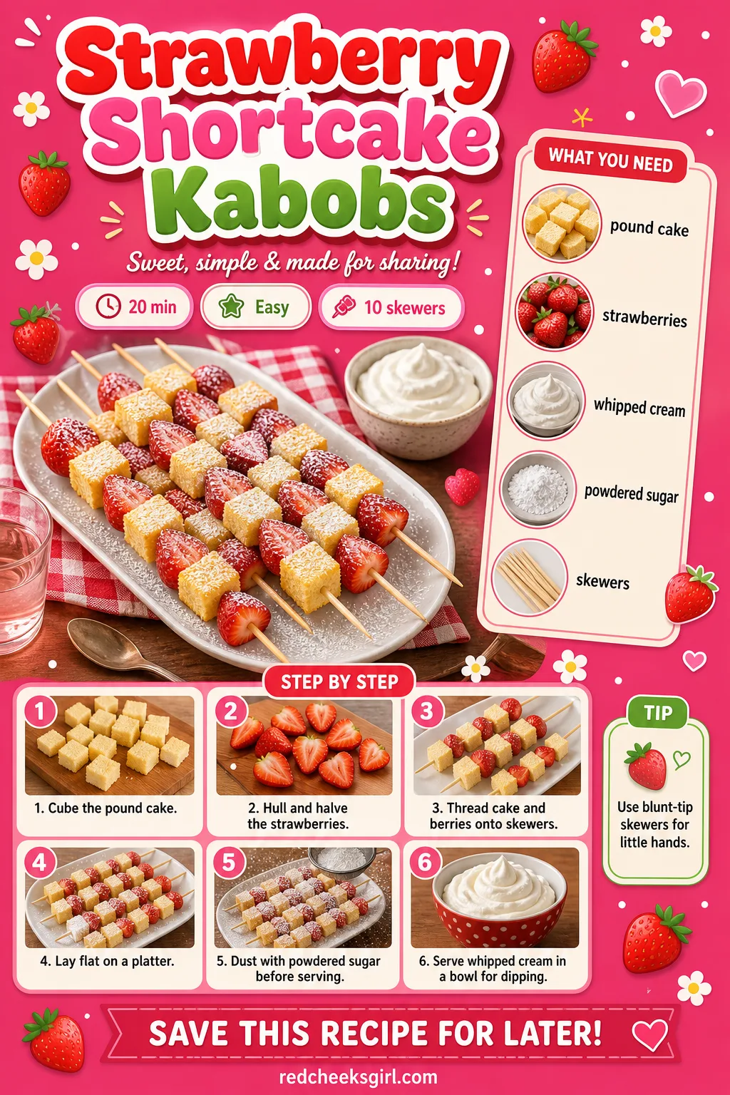 Strawberry Shortcake Kabobs Recipe Card printable sheet. Valentine treats