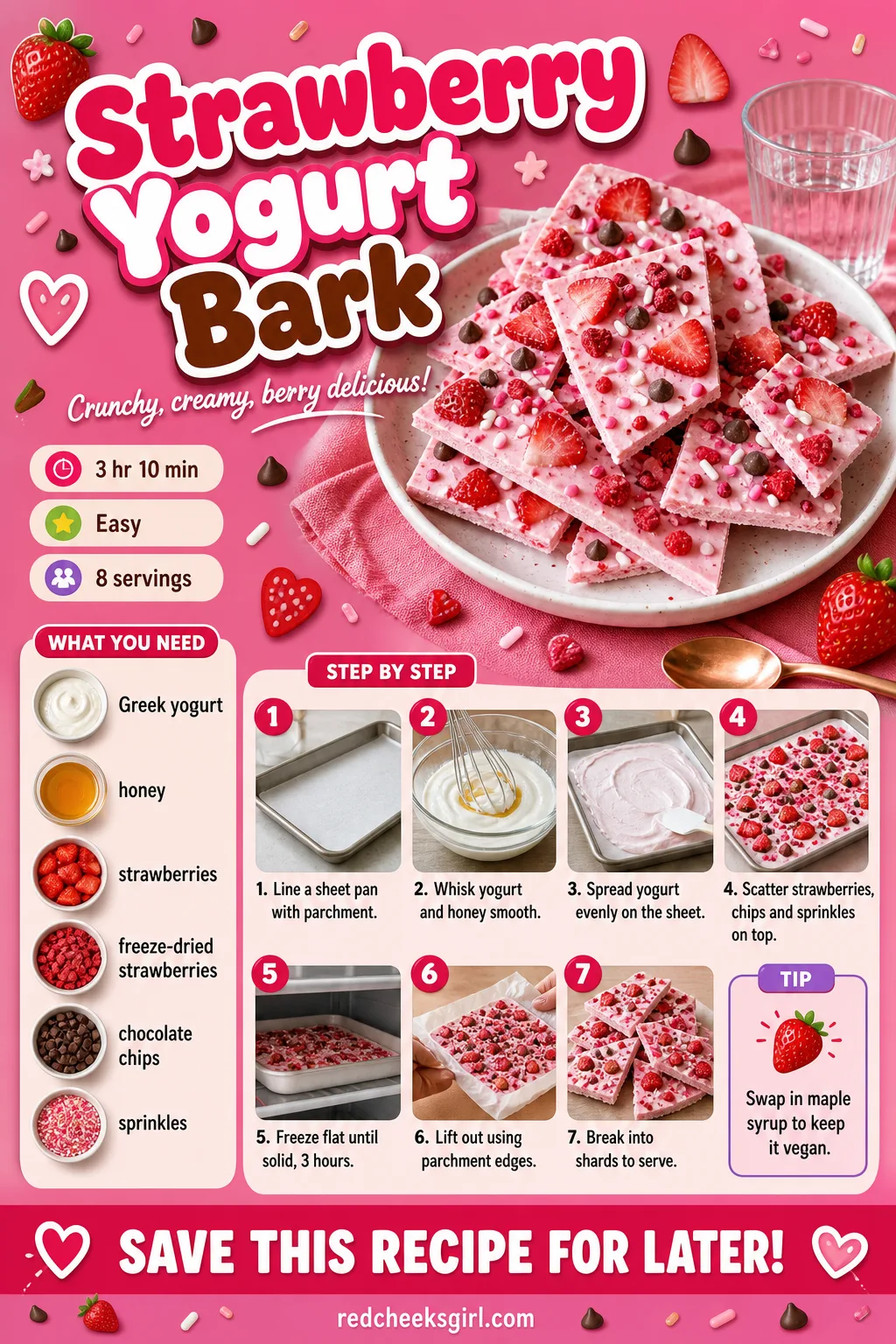 Strawberry Yogurt Bark Recipe Card printable sheet. Valentine treats