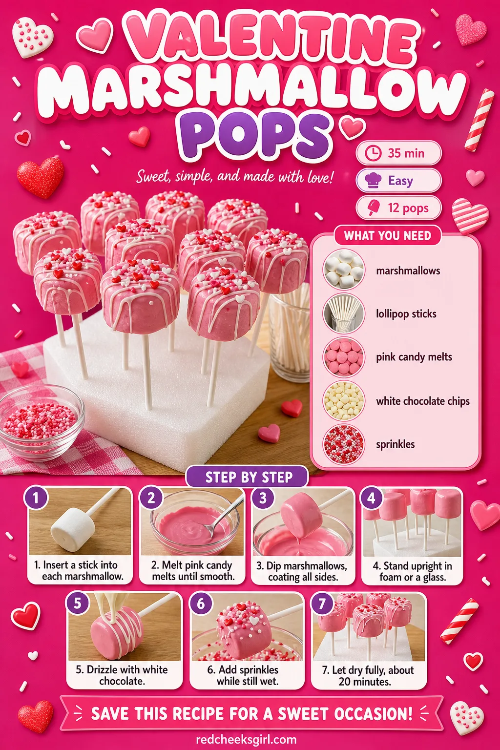 Valentine Marshmallow Pops Recipe Card printable sheet. Valentine treats