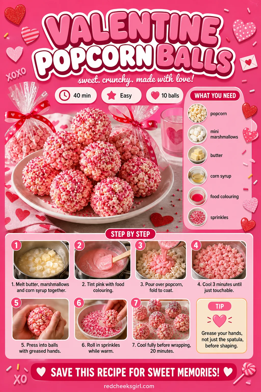Valentine Popcorn Balls Recipe Card printable sheet. Valentine treats