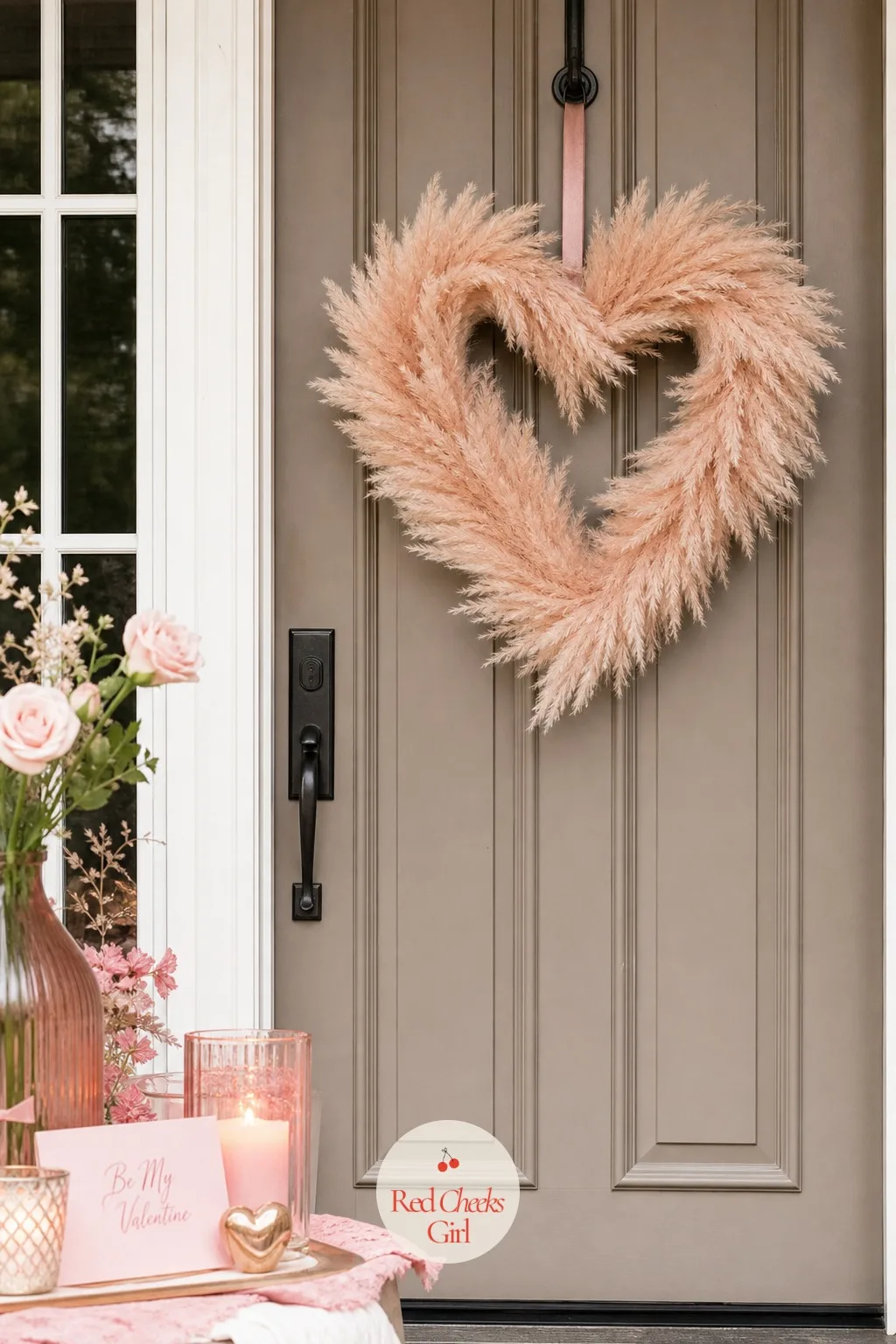 Blush Pampas Heart Wreath — Texture without a single bright color anywhere on the door. Valentine wreath