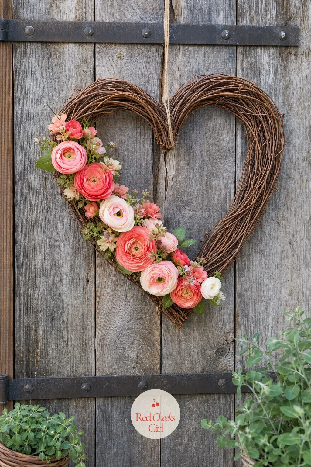 Grapevine Heart Wreath with Ranunculus — Grapevine already brings its own texture, it just needs a little color to stop reading as a fall leftover. Valentine