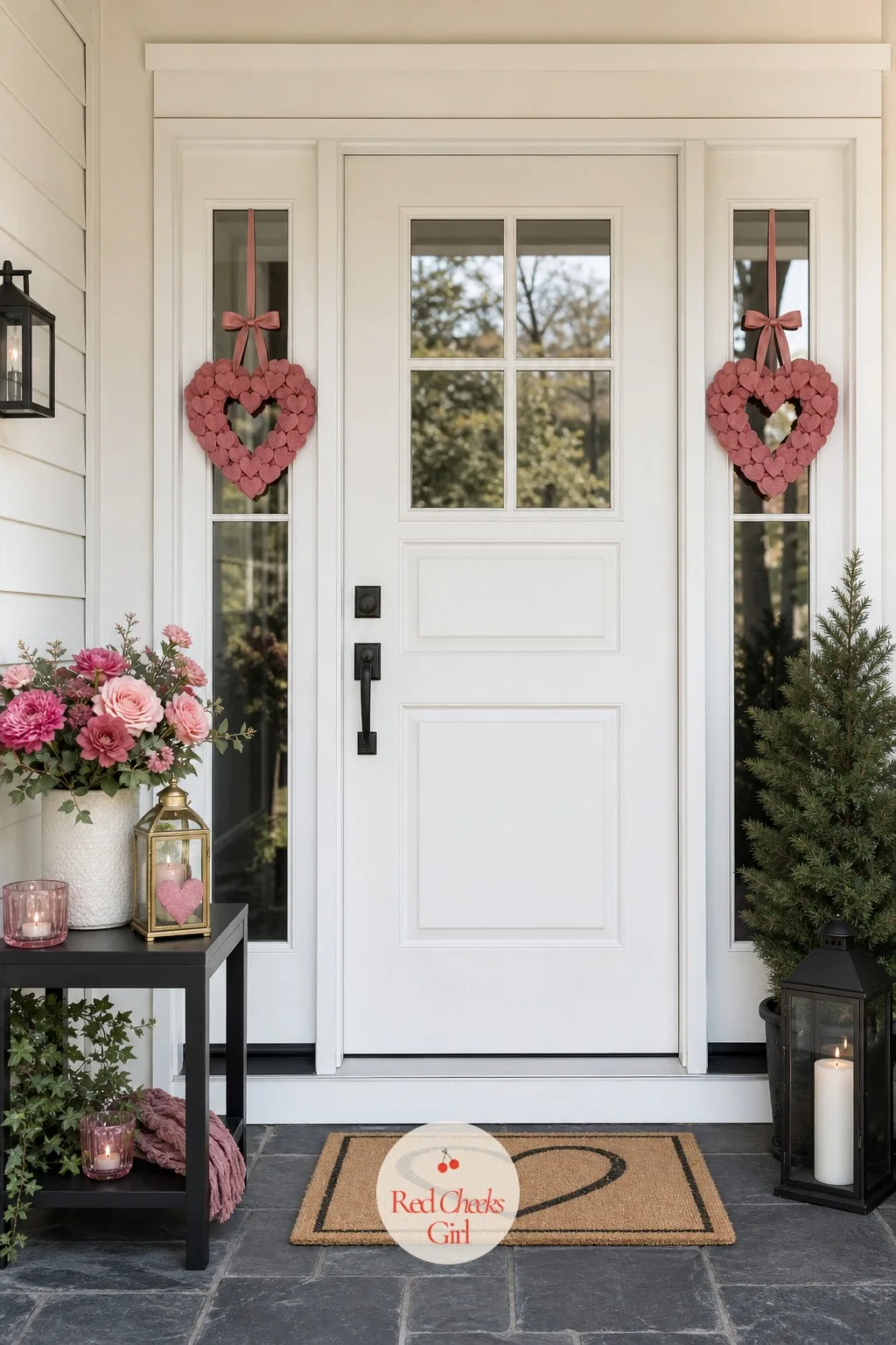 Mini Heart Wreath Pair for Sidelights — The door is only half the entry when there are windows on either side of it. Valentine wreath