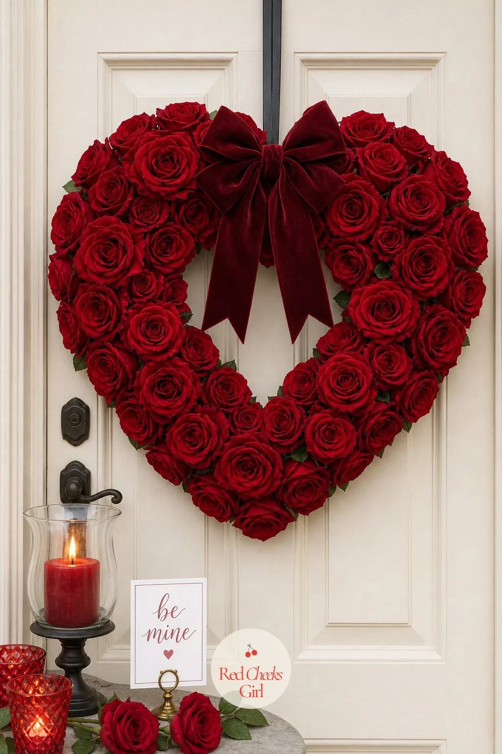 Red Rose Heart Wreath — A bare door looks like nobody's home yet. Valentine wreath