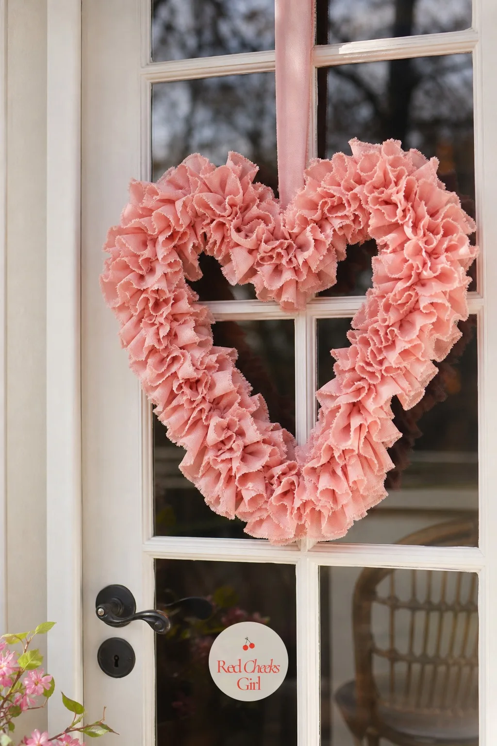 Ruffled Pink Fabric Heart Wreath — A flat paper heart looks fine from the street and forgettable up close. Valentine wreath