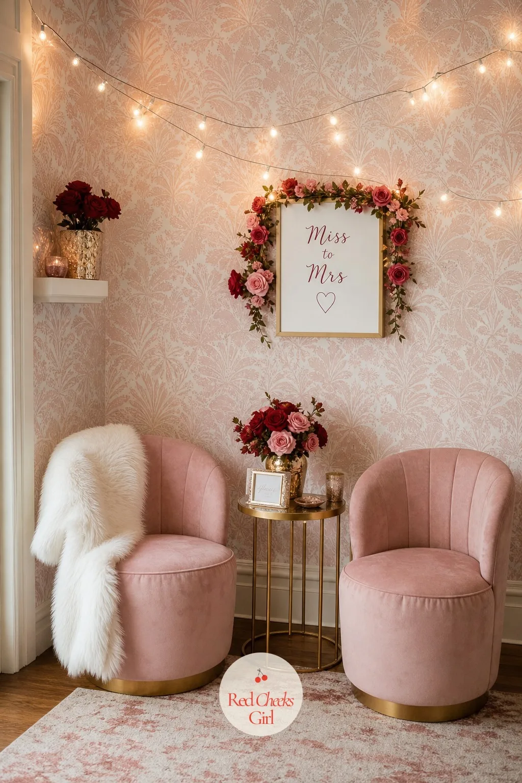 Blush Velvet Sweetheart Loveseat Corner — If the only seating at the party is dining chairs, nobody gets a photo worth keeping. Valentine's day bridal shower