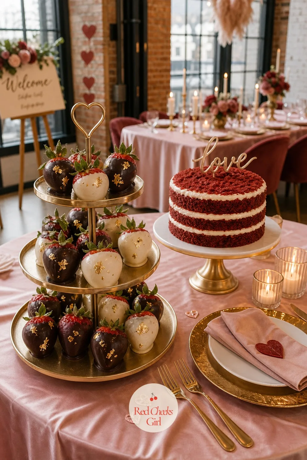 Chocolate-Dipped Strawberries — A bowl of plain strawberries sitting next to the cake looks unfinished. Valentine's day bridal shower theme