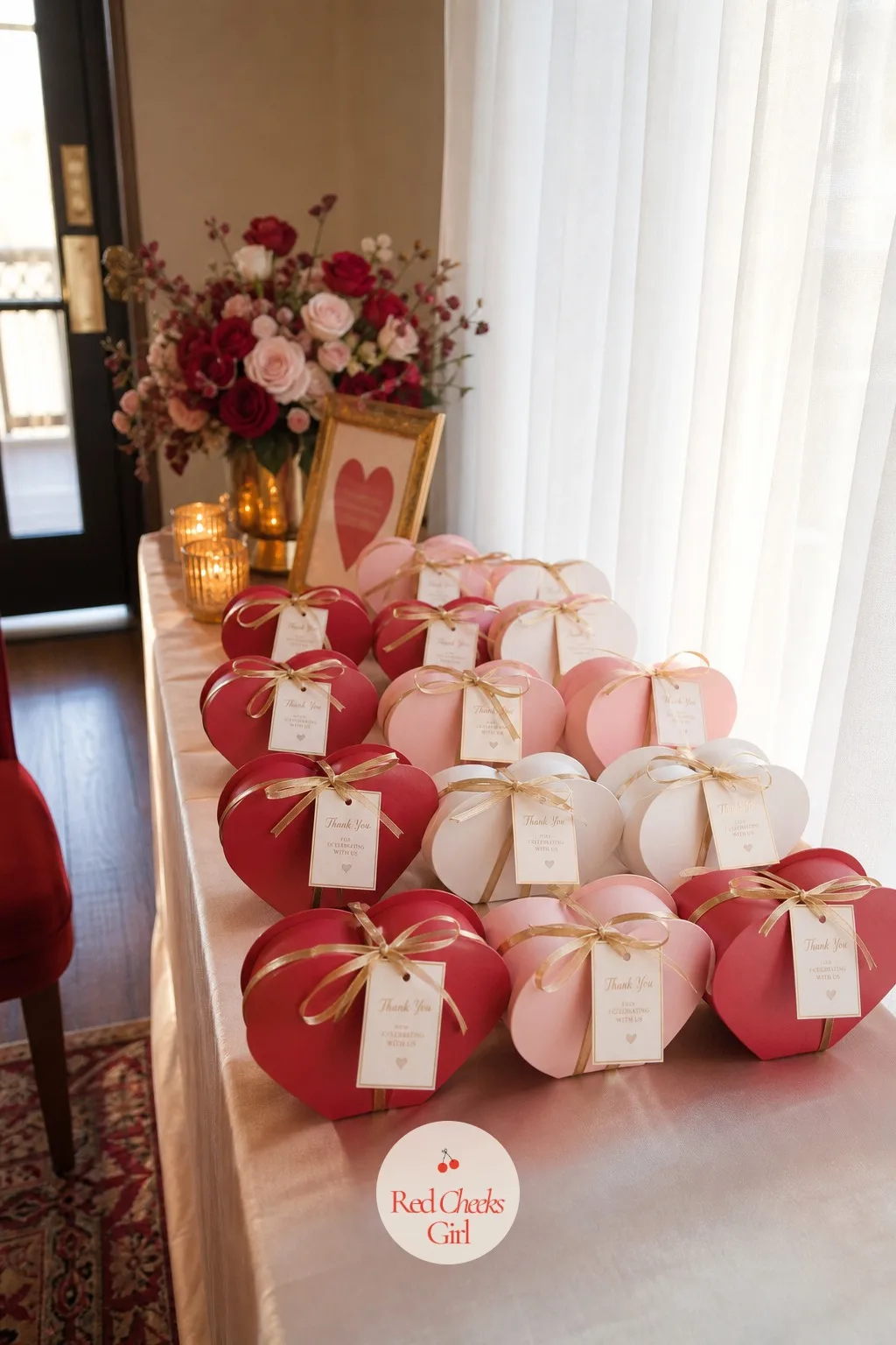 Heart Favor Boxes — A plain gift bag at the door feels like an afterthought after an afternoon this dressed. Valentine's day bridal shower theme