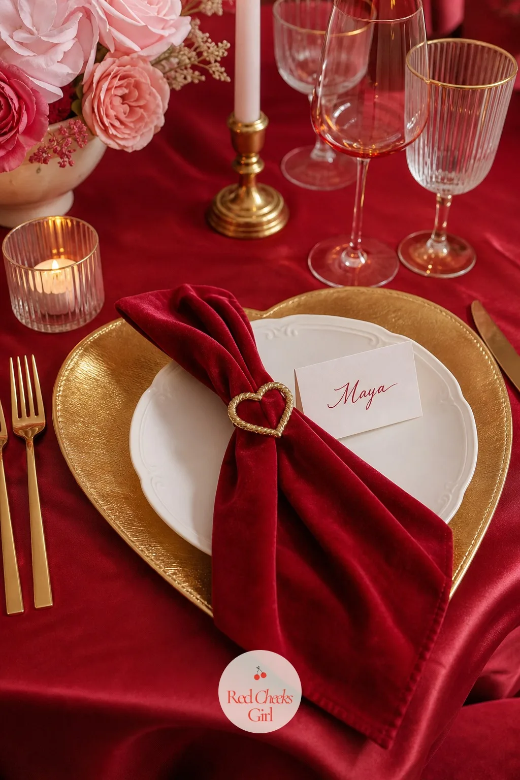 Heart-Shaped Charger Plates and Velvet Napkin Rings — A place setting with nothing but a round plate on a round charger looks finished from across the room but