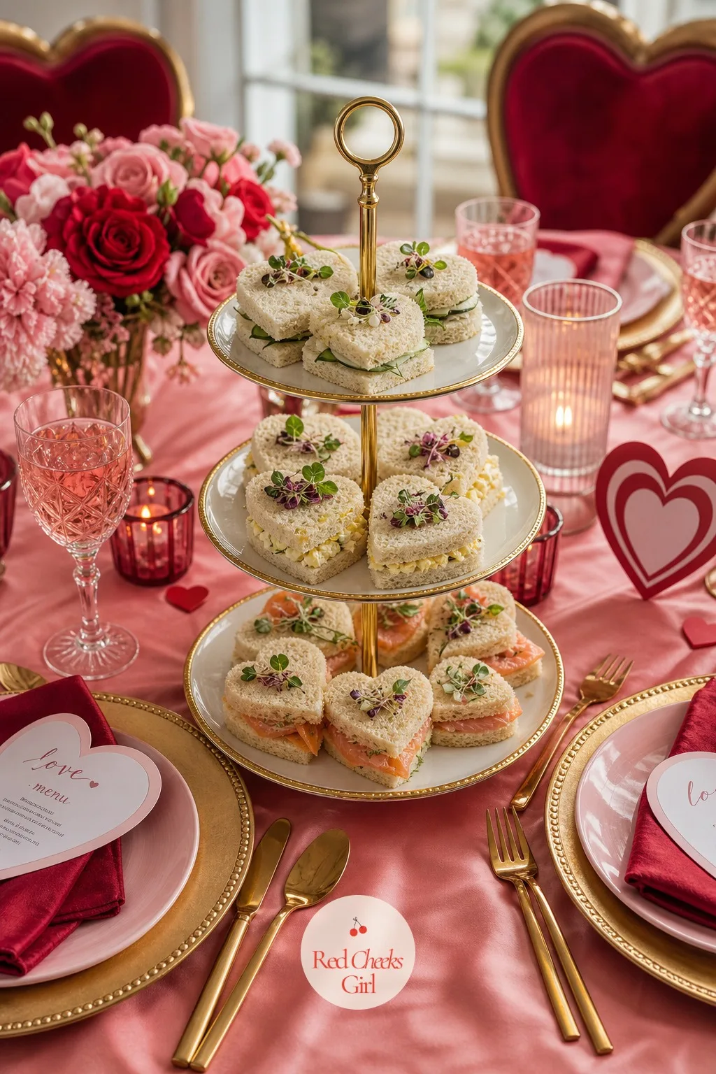 Heart-Shaped Sandwiches — Finger sandwiches on a flat tray disappear into the rest of the table. Valentine's day bridal shower theme