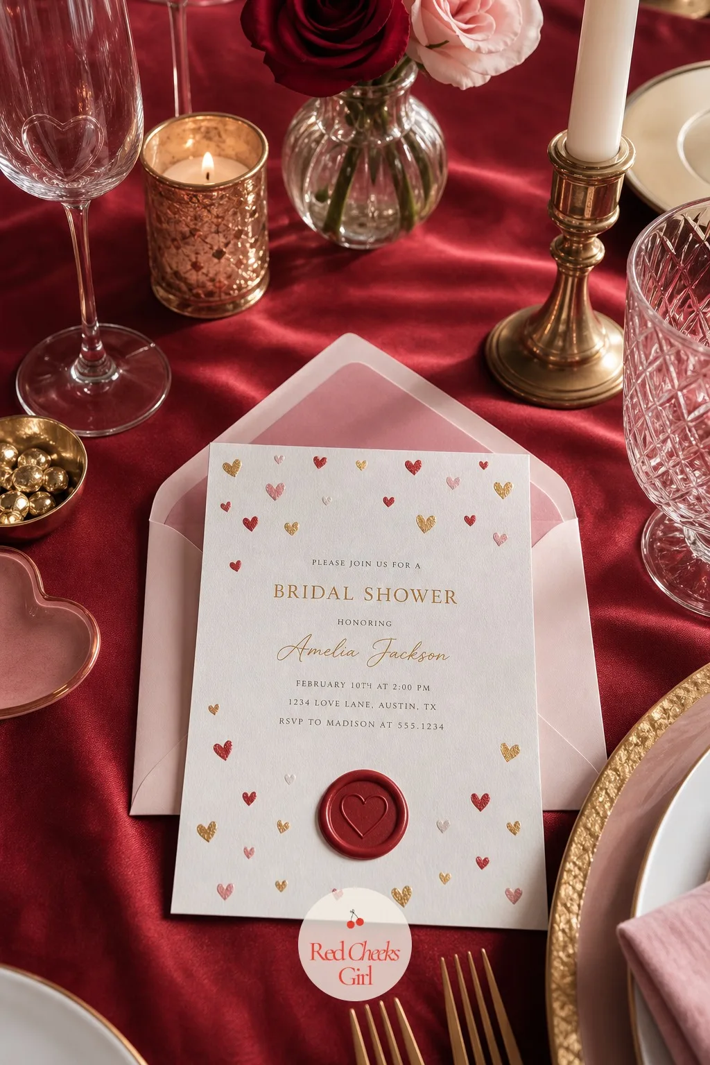 Invitation — Everything above exists because of what this card promised. Valentine's day bridal shower theme