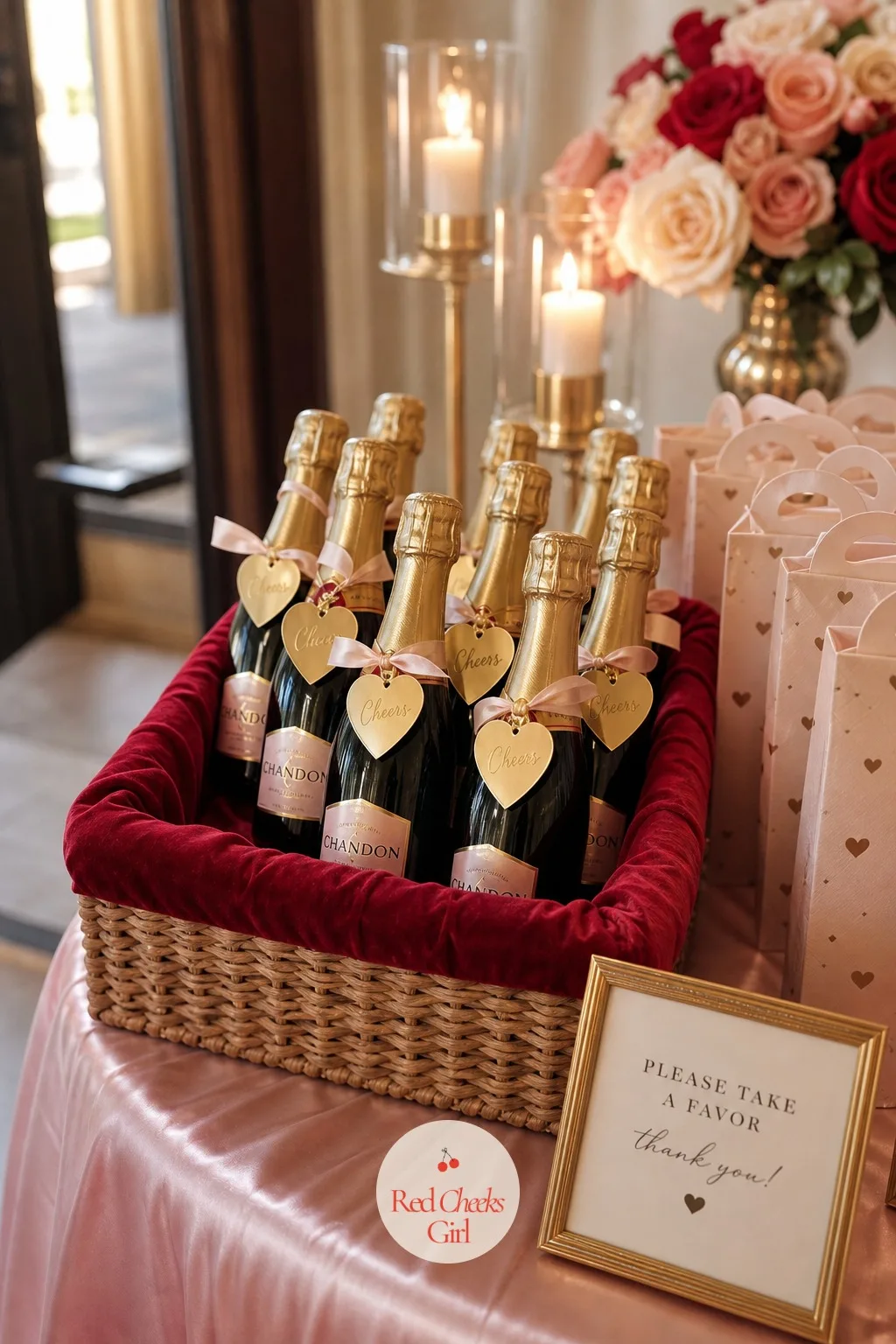 Mini Champagne Favor Bottles with Heart Gift Tags — Chocolate is the expected favor, so one bottle-shaped alternative gives a different kind of guest something
