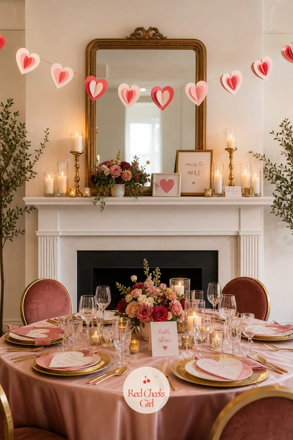 Paper Heart Garland Over the Mantel — A mantel or a doorway left plain pulls the eye away from everything dressed below it. Valentine's day bridal shower theme
