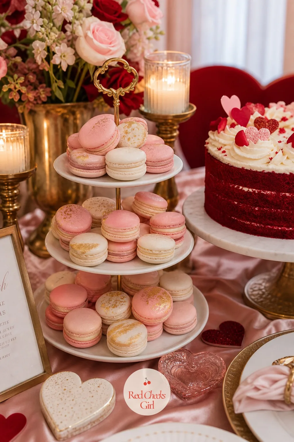 Pink Macaron Tower — Macarons on a flat plate get lost in a crowd of other desserts. Valentine's day bridal shower theme