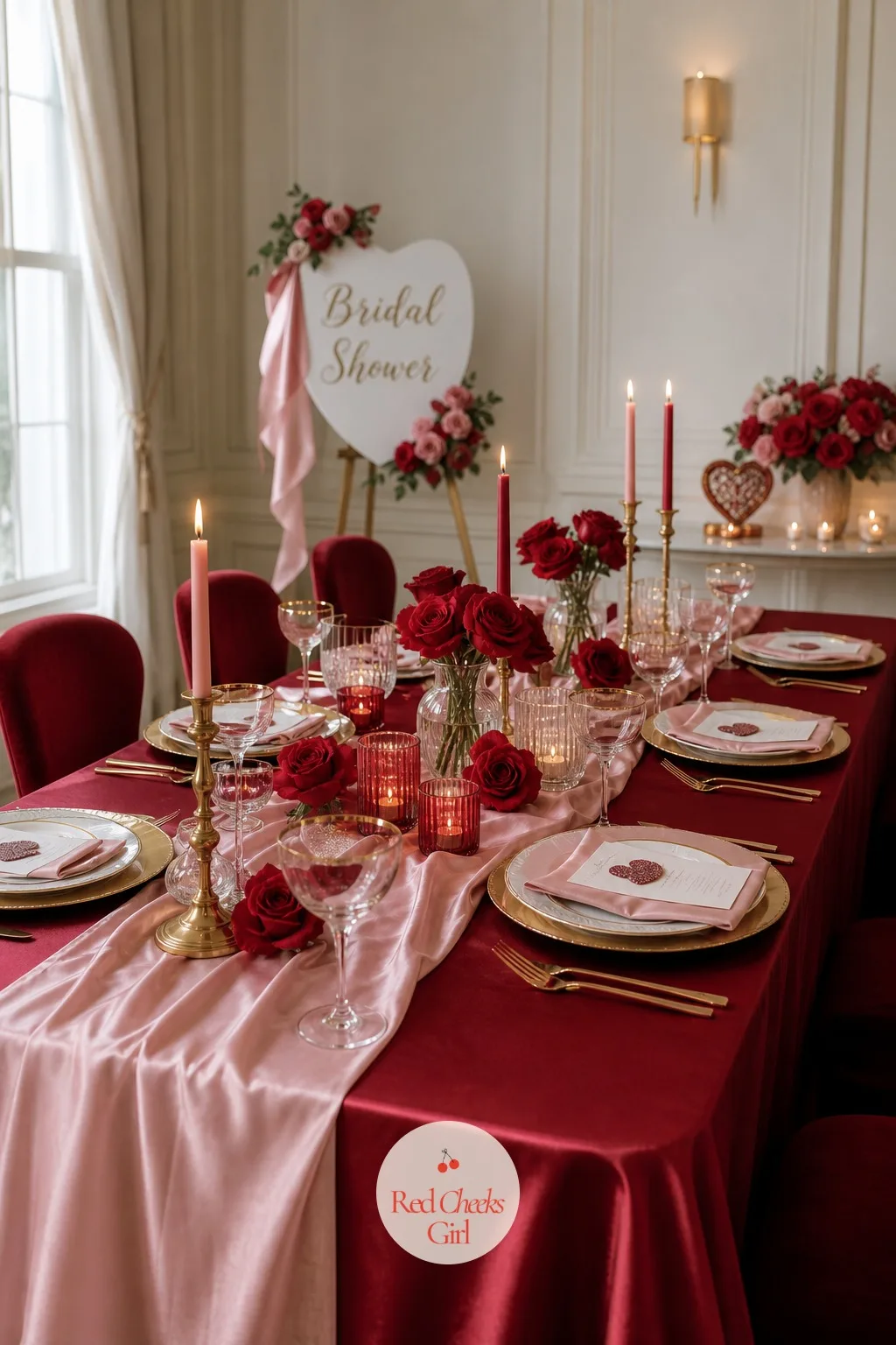 Red and Pink Tablescape — She might worry an all-red table looks like a diner on the fourteenth. Valentine's day bridal shower theme