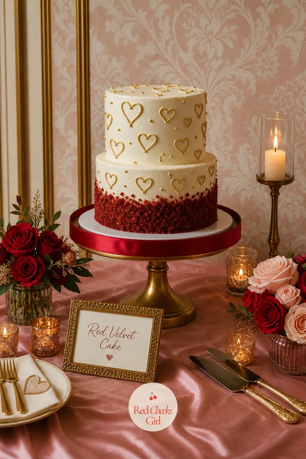 Red Velvet Cake — A plain round cake on a flat plate reads like an afterthought next to everything else on the table. Valentine's day bridal shower theme