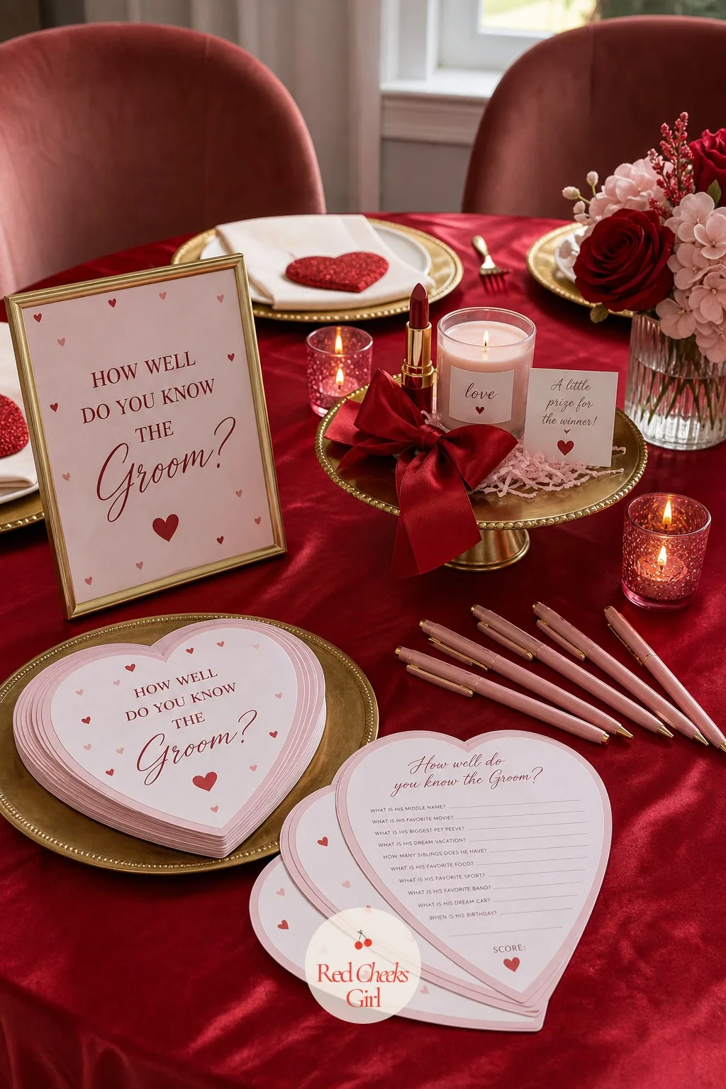 "How Well Do You Know the Groom" Quiz — A trivia round with nothing to write on falls apart fast. Valentine's day bridal shower theme