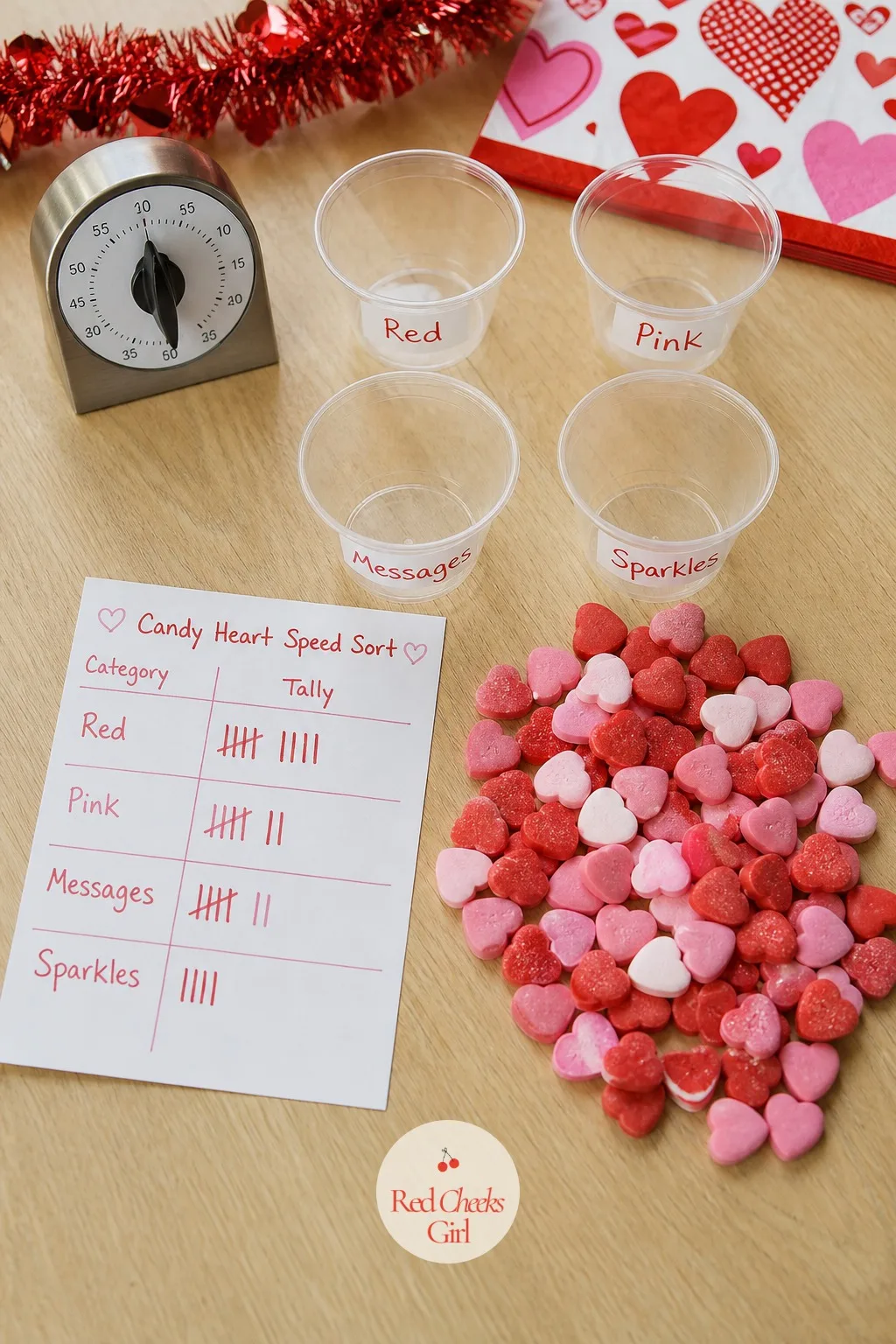 Candy Heart Speed Sort Against the Clock — Dump a bowl of mixed candy hearts in front of each player, hand over four small clear cups, and set a one minute