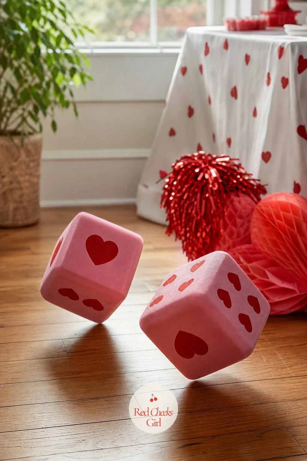Heart Dice Roll-Off — Oversized foam dice printed with hearts instead of dots turn an ordinary floor into a game board. Valentine's day party games