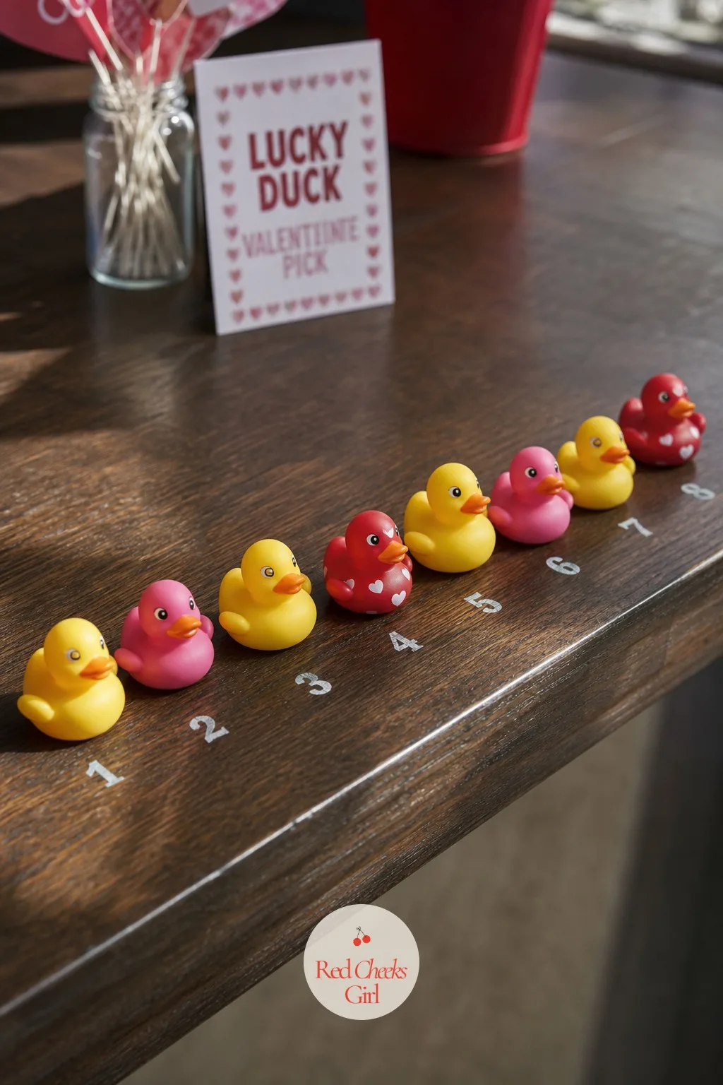 Lucky Duck Valentine Pick — Line up small rubber ducks along a table edge, each marked underneath with a number that matches a small prize list taped nearby.