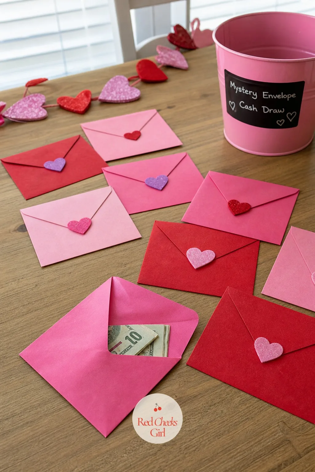 Mystery Envelope Cash Draw — Fan a dozen pink and red envelopes across a table, slide a folded bill into just a few of them along with some blank slips, and