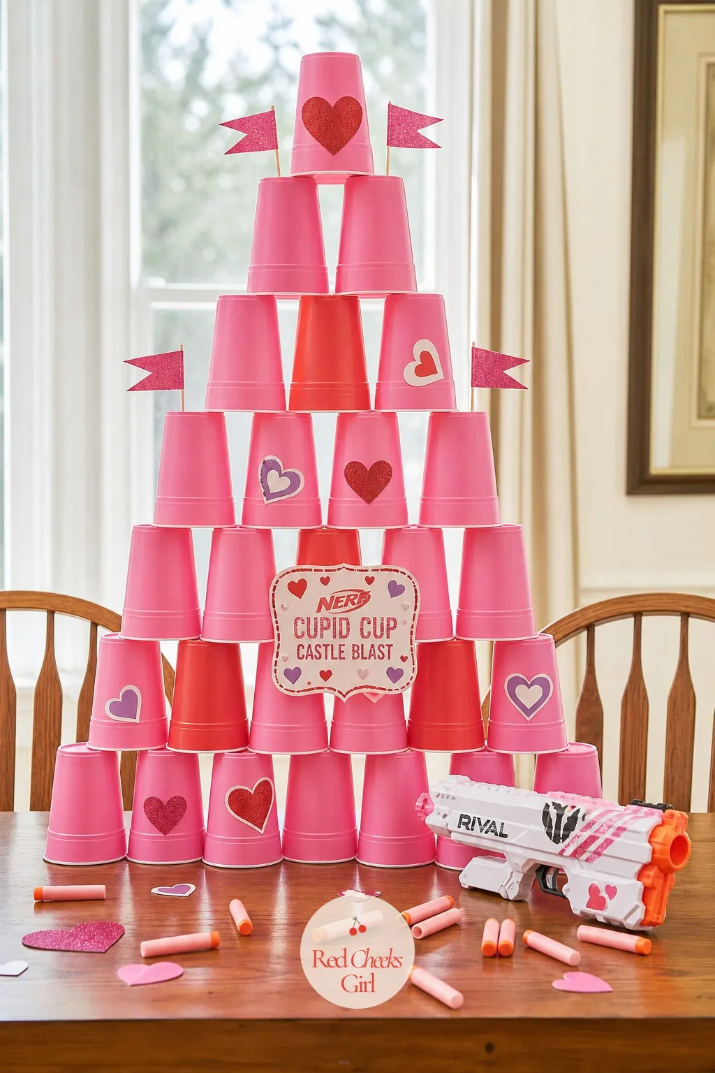Nerf Cupid Cup Castle Blast — Build a taller castle of cups for this one, two or three storeys, and swap the beanbags for a mini foam dart blaster. Valentine's
