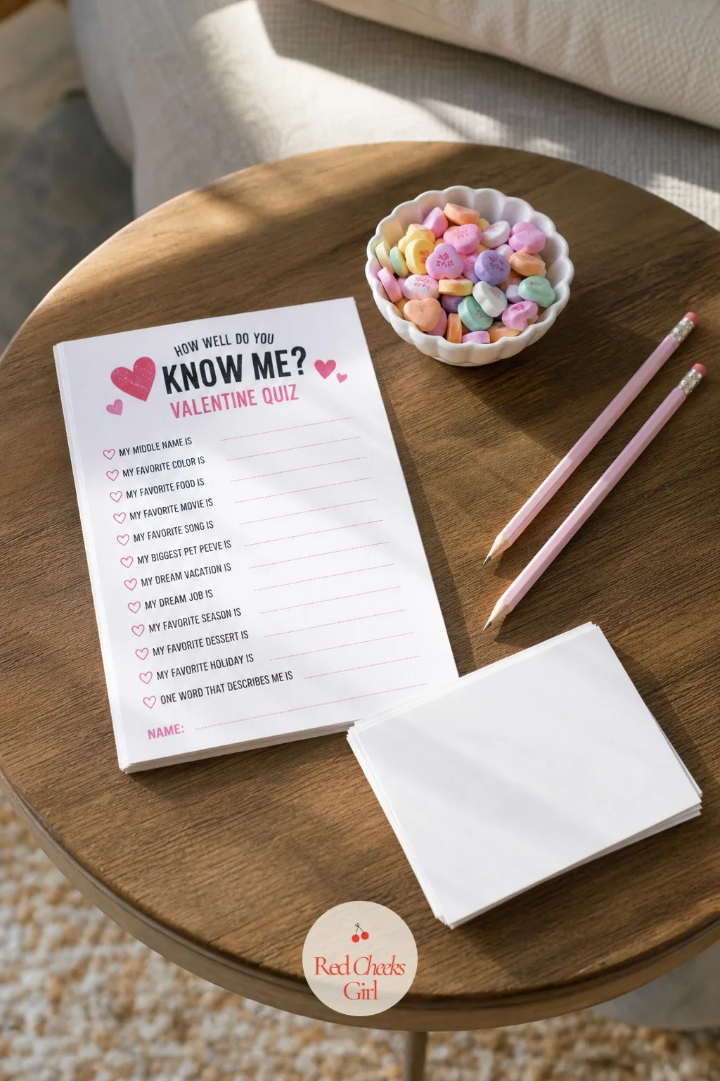How Well Do You Know Me Valentine Quiz — Each partner writes answers to the same set of questions separately, favourite memory together, who said I love you