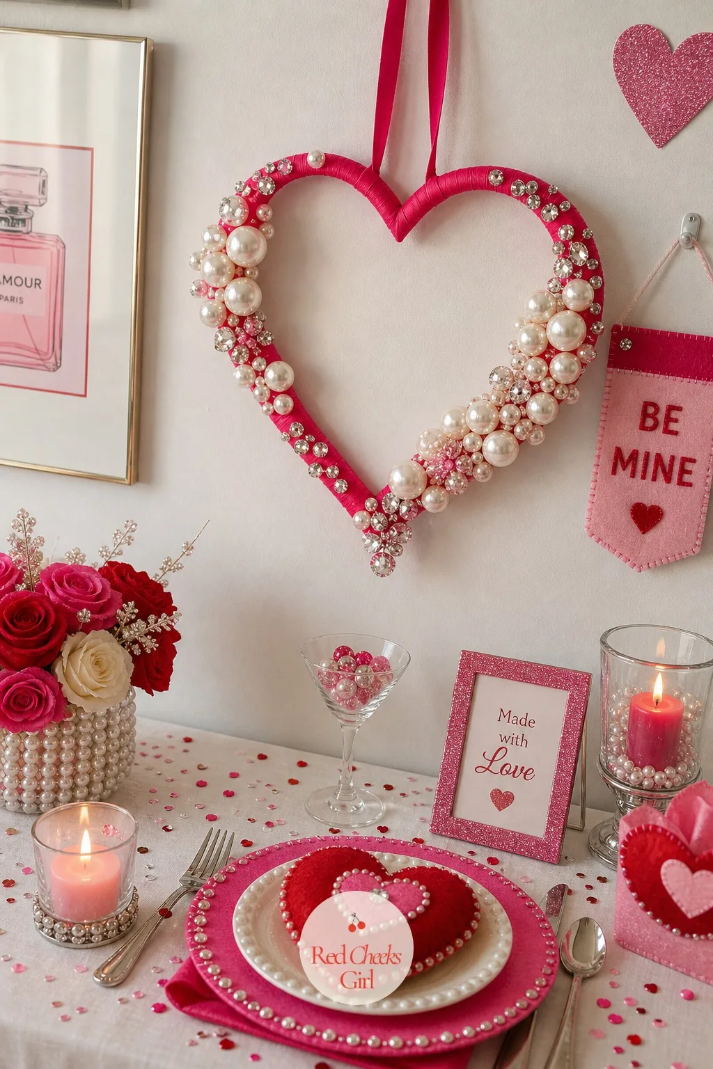Pearl and Rhinestone Heart Wall Decor — A plain red paper heart taped to a wall says she ran out of time. Valentines diy crafts to sell