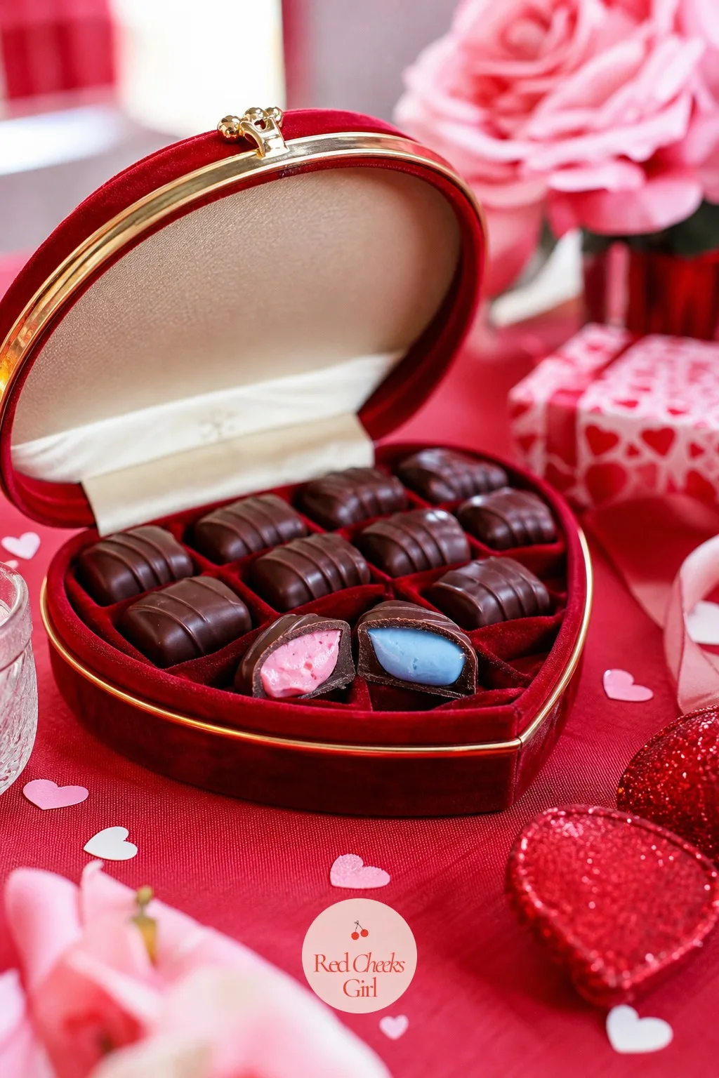 Chocolate Box With Colored Centers — For the quieter version of the news, skip the big cut and let a box of chocolates do the talking. Valentines gender reveal