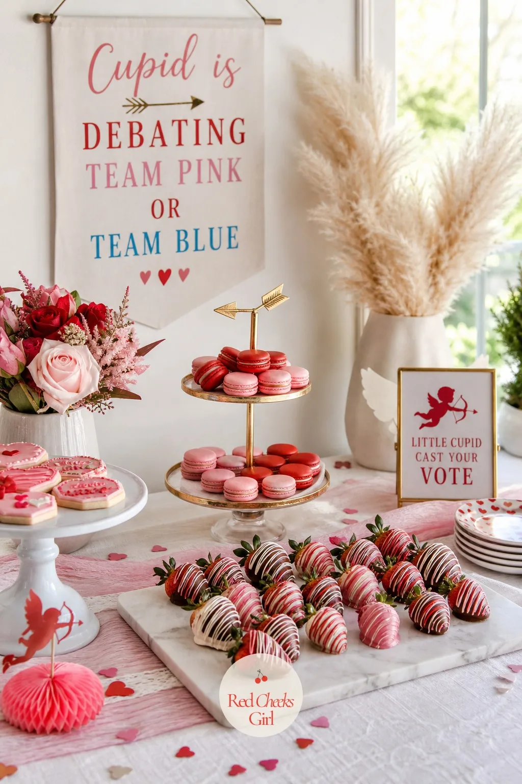 Cupid Themed Dessert Table — The dessert table is where guests actually linger, so give it one clear anchor instead of a dozen competing plates. Valentines
