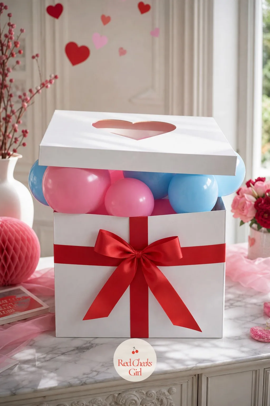 Heart Balloon Box Reveal — She has seen the balloon arch a hundred times, so give her a box instead, the kind that makes guests lean in before anything has