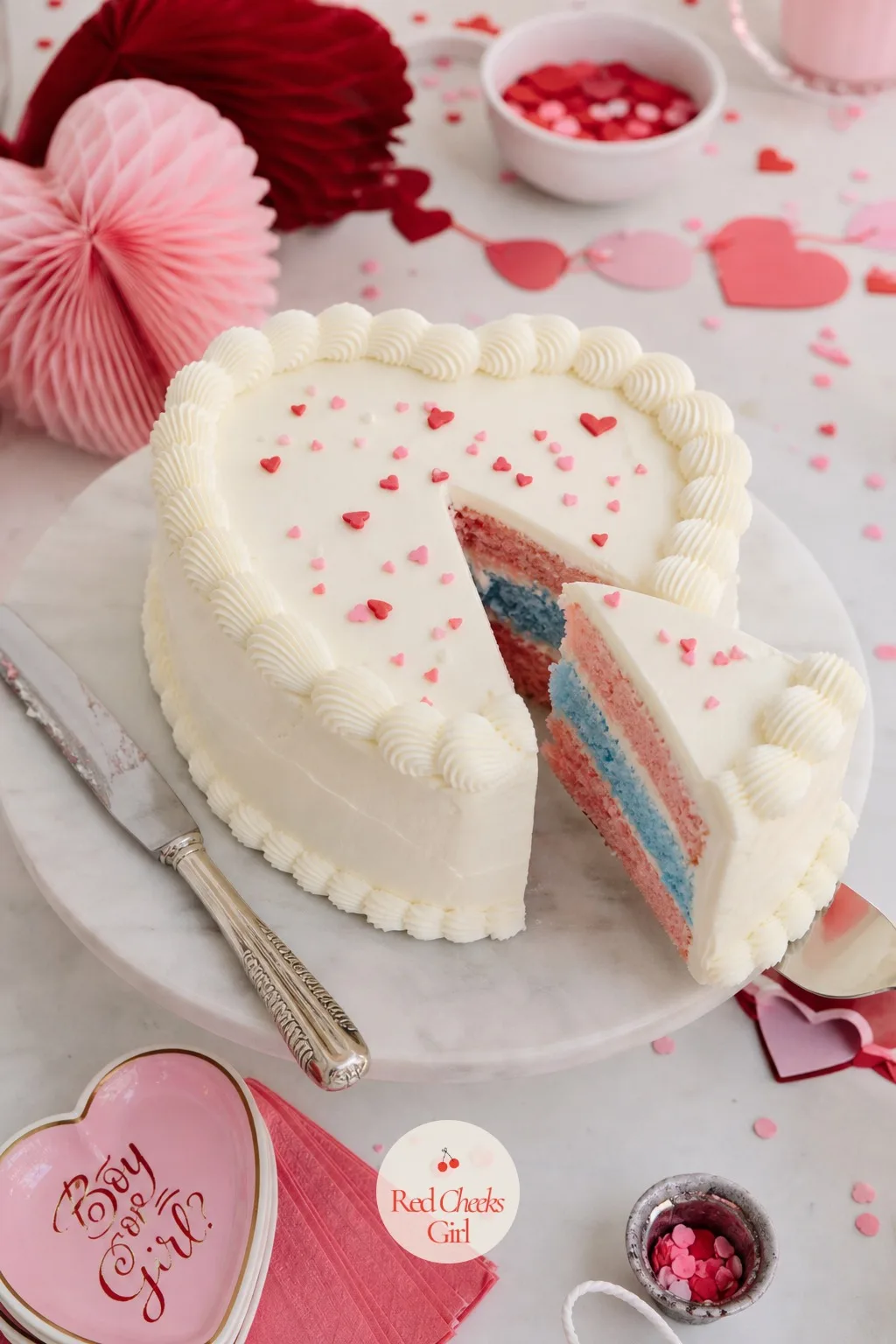 Heart Cake Cut Together — Nothing says the two of you did this together quite like one knife, one cake, one slice. Valentines gender reveal
