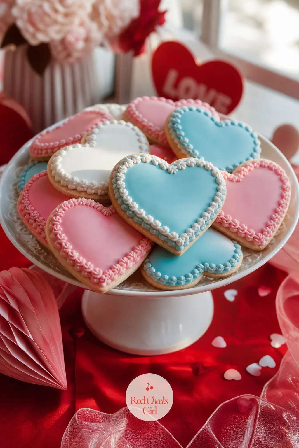 Heart Cookies — A plate of cookies does double duty as dessert and as the one favour guests actually eat before they go home. Valentines gender reveal
