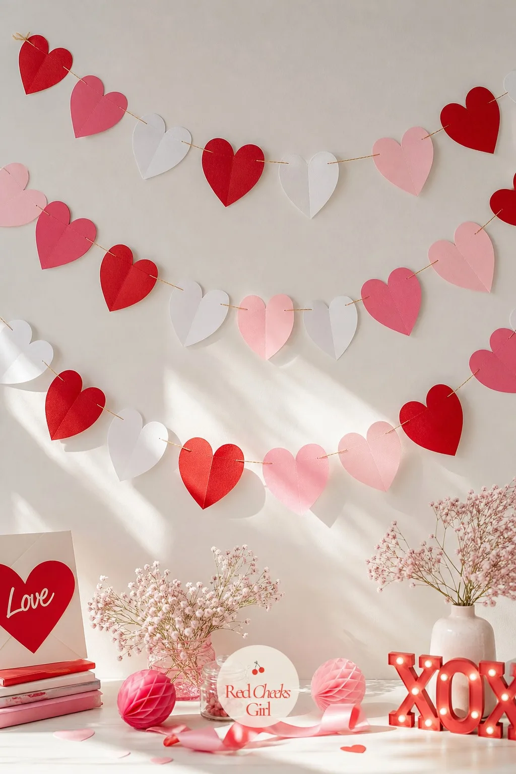 Heart Garland Backdrop — She needs somewhere for the cake, the gifts and eventually the photos to live, and a garland does that job without a single nail.