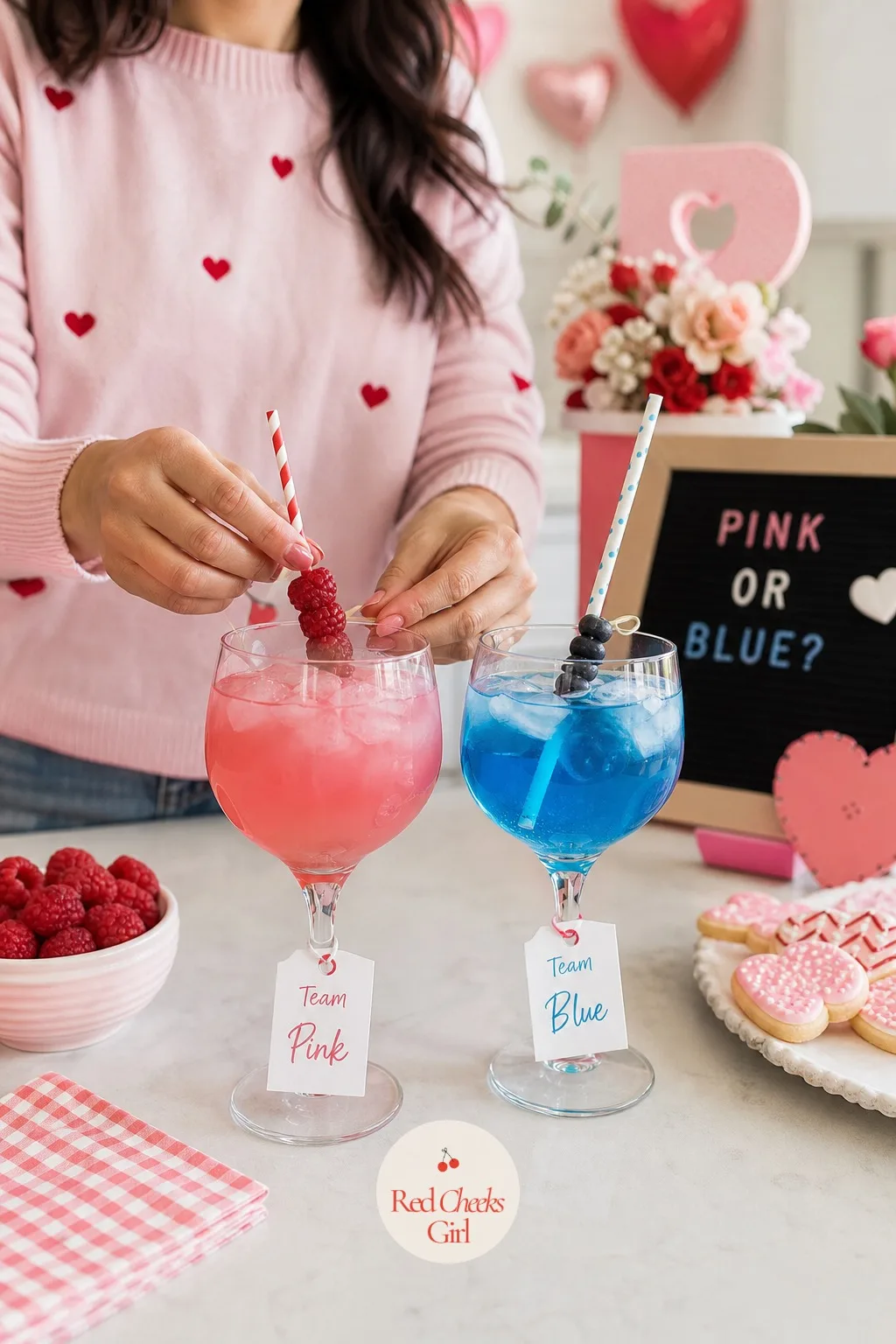 Two Pink And Blue Mocktails Labeled With Team Names — Not every guest wants cake, but almost everyone will pick up a drink, so let the drink carry a second