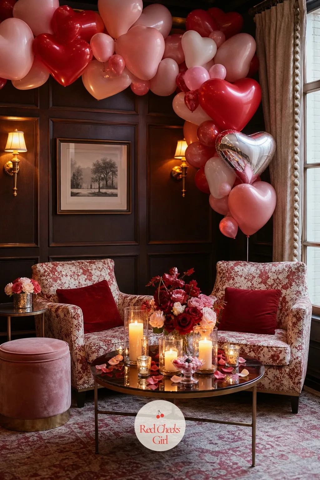 Candlelit Lounge With Heart Balloon Garland — Cocktail hour needs somewhere to sit that is not just rows of empty chairs waiting for dinner. Valentines wedding