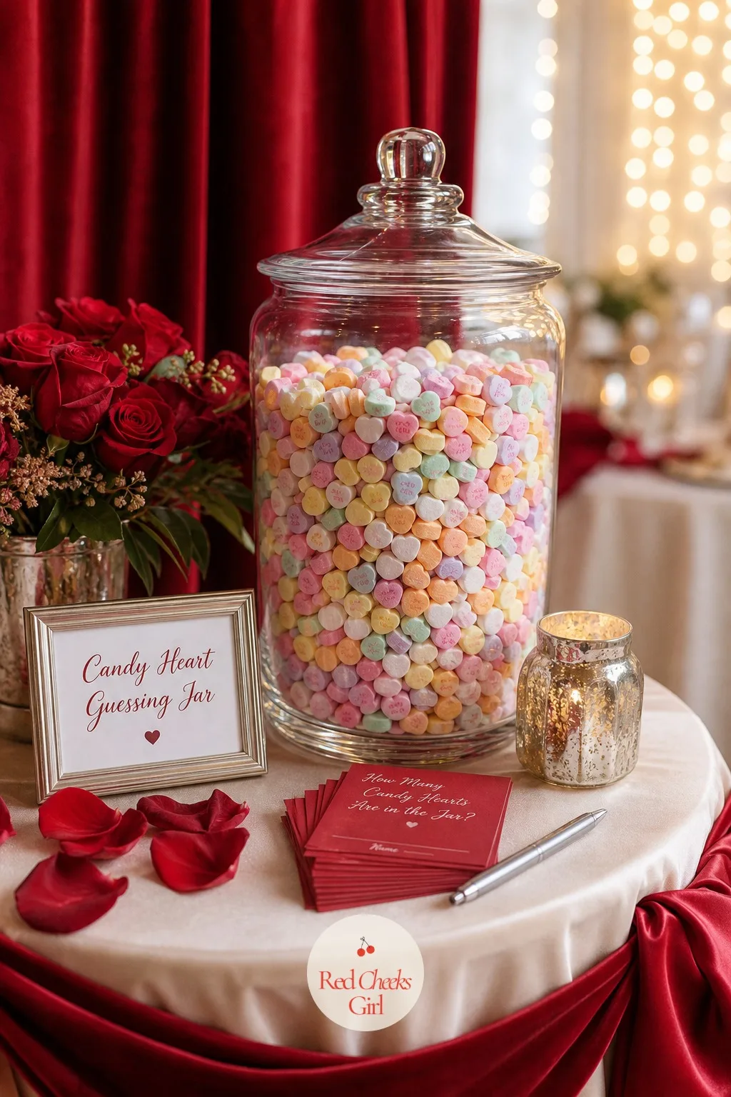 Candy Heart Guessing Jar — Guests love a reason to compete for something small and silly, and a jar nobody can quite estimate correctly does the job all