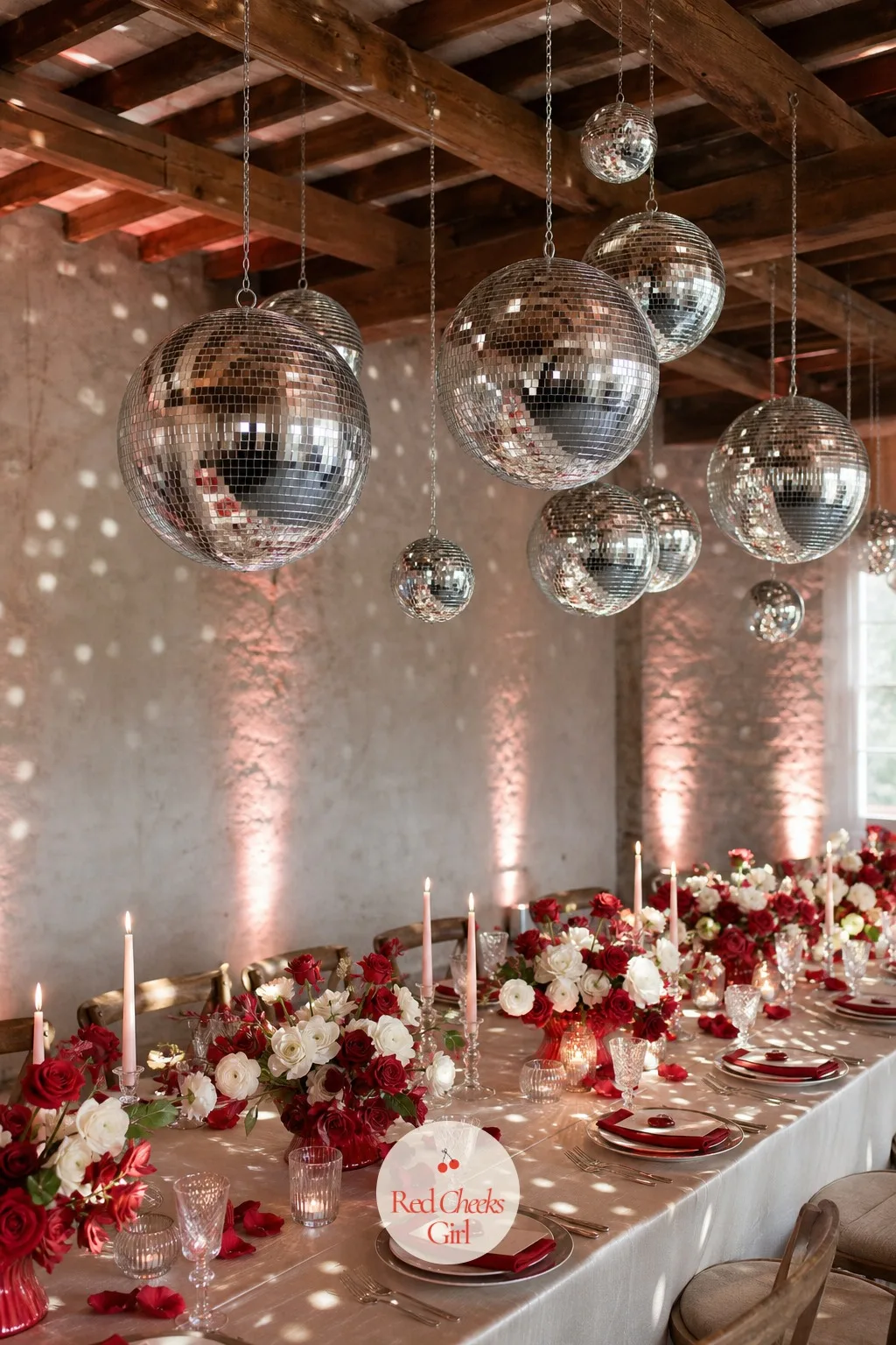Disco Balls Hung Over the Table — An ordinary chandelier over a long table just lights the room. Valentines wedding