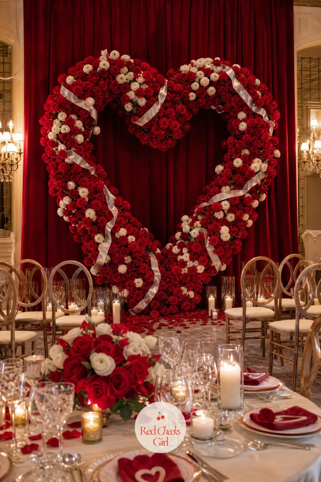 Giant Red Heart Photo Wall — A bare wall behind the altar says nothing. Valentines wedding