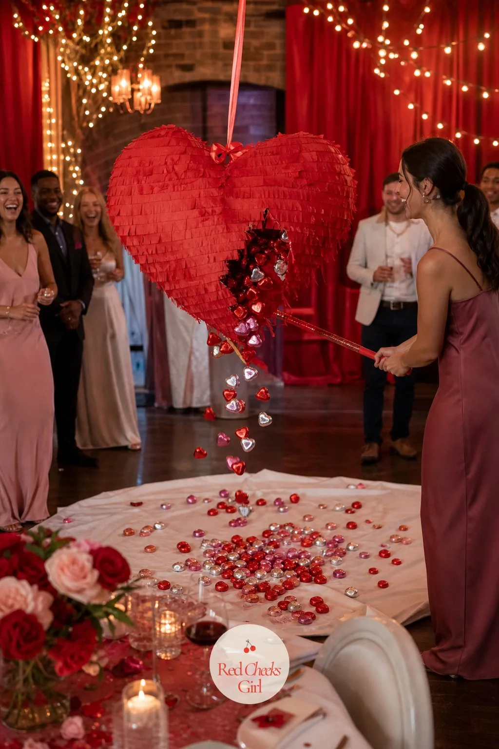 Heart Piñata Instead of a Cake Cutting — Nobody actually enjoys the stiff knife-and-smile photo of a cake cutting. Valentines wedding
