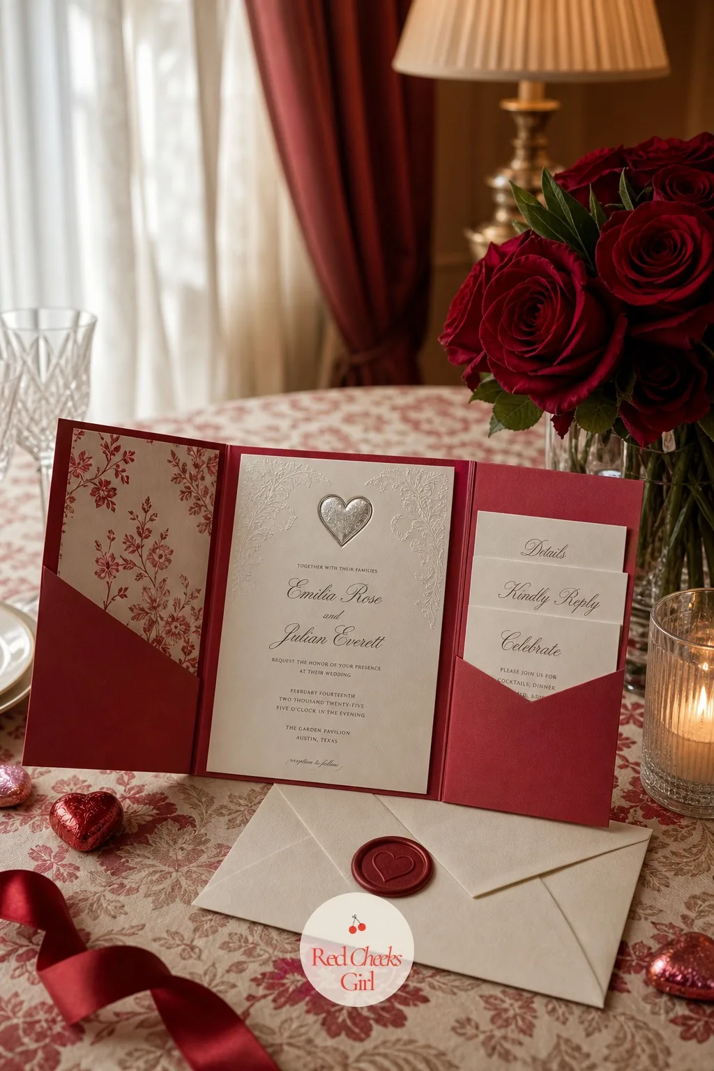 The Invitation — The invitation is the first thing anyone sees of this wedding, long before the heart wall or the roses, so it has to set the whole palette in